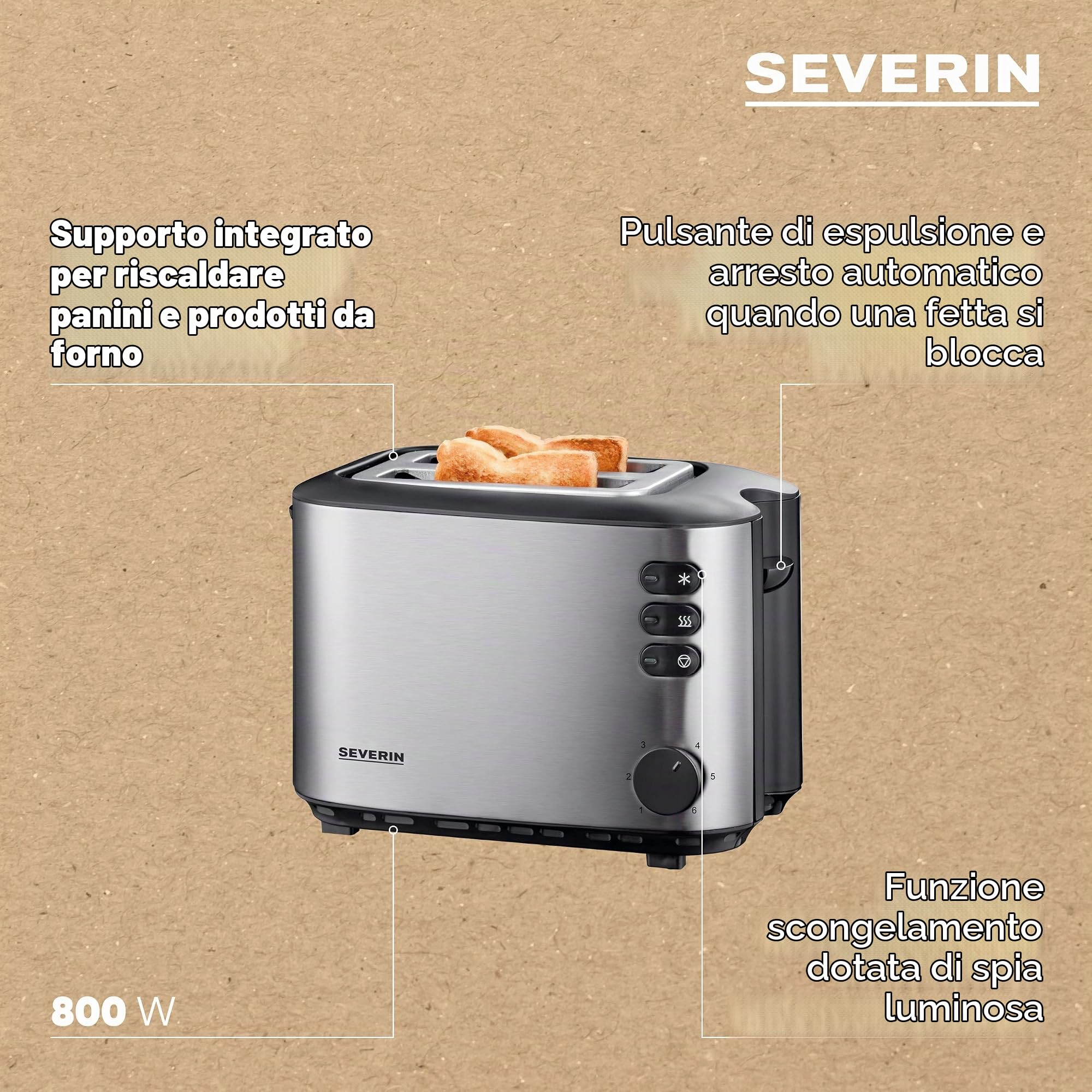 Severin AT 2514 tostapane 2 fette inox fessura lunga