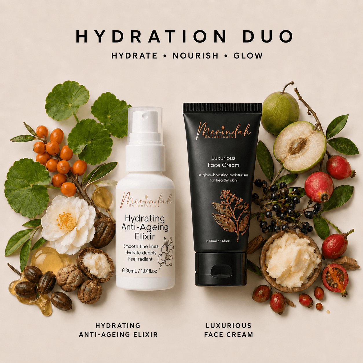 Merindah Botanicals Hydration Duo set viso elisir 30 ml crema 50 ml