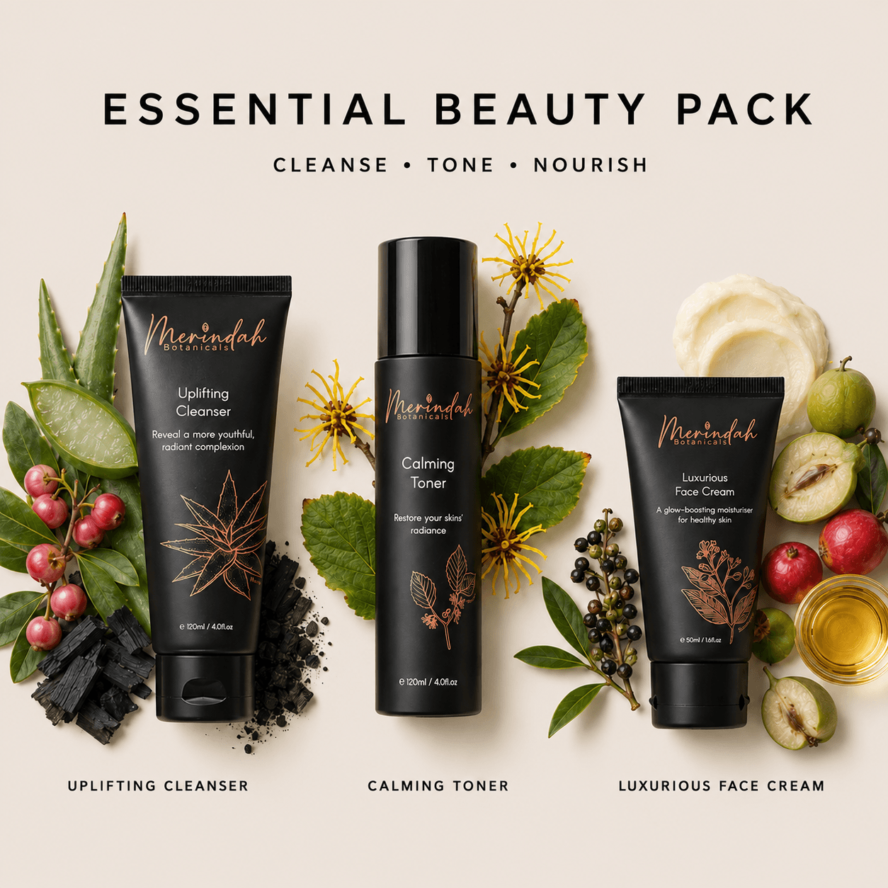 Merindah Botanicals Essential Beauty Pack kit viso 3 pezzi