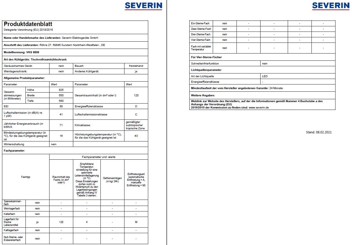 Severin VKS 8808 Frigorifero Tavolo 120 L Classe D