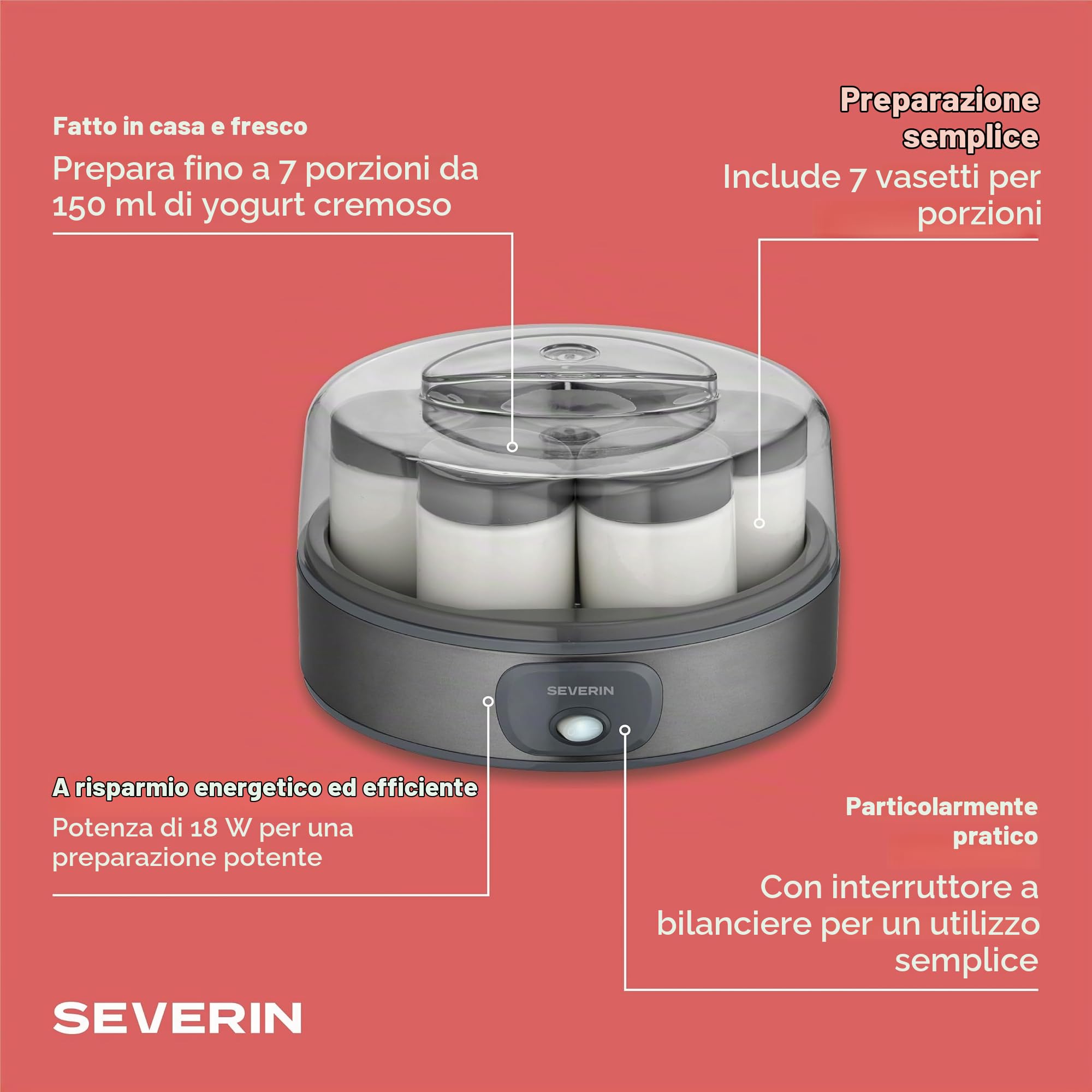 Severin JG 3510 yogurtiera elettrica grigio 7 vasetti stile greco