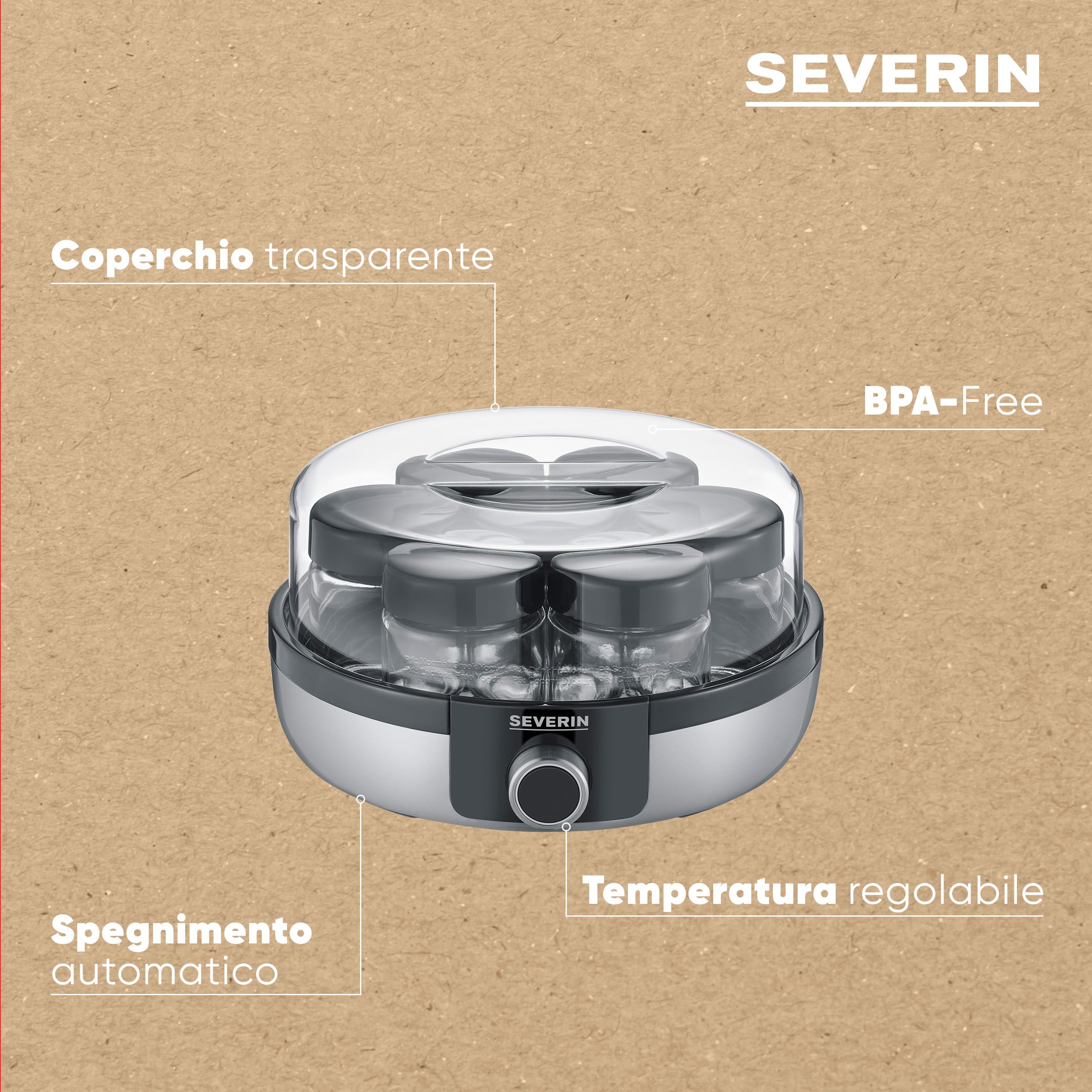 Severin JG 3521 Yogurtiera 7 Vasetti Vetro Display LED Nero