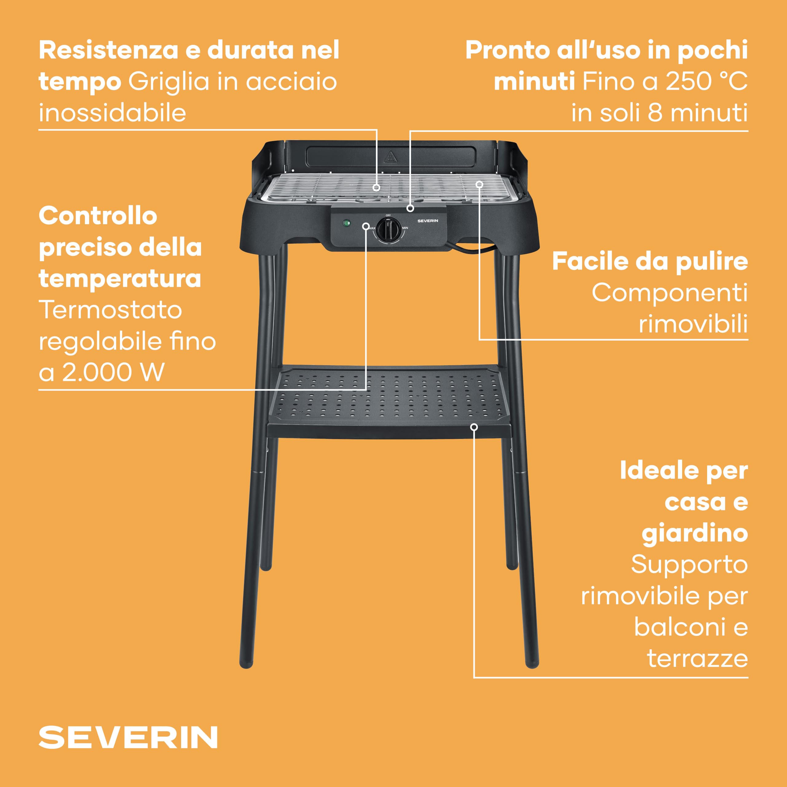 Severin 8594 Barbecue Elettrico Supporto Inox 2000W 38x22cm