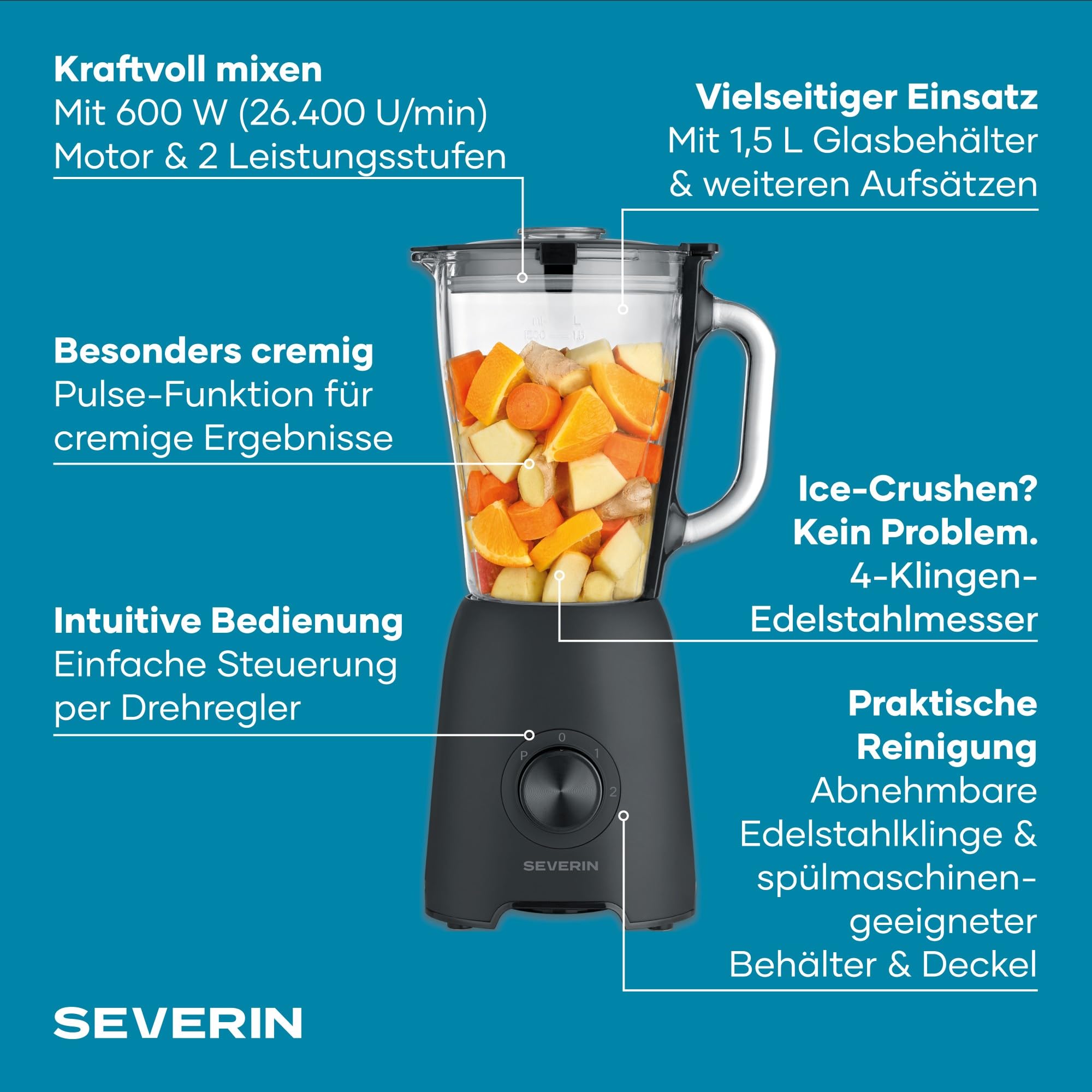 Severin SM 3724 frullatore vetro 1,5L 600W pulse