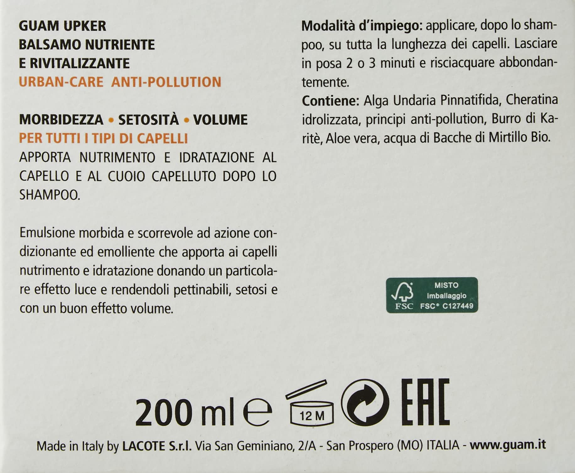 Guam Upker Balsamo Capelli Nutriente 200 ml tutti i tipi