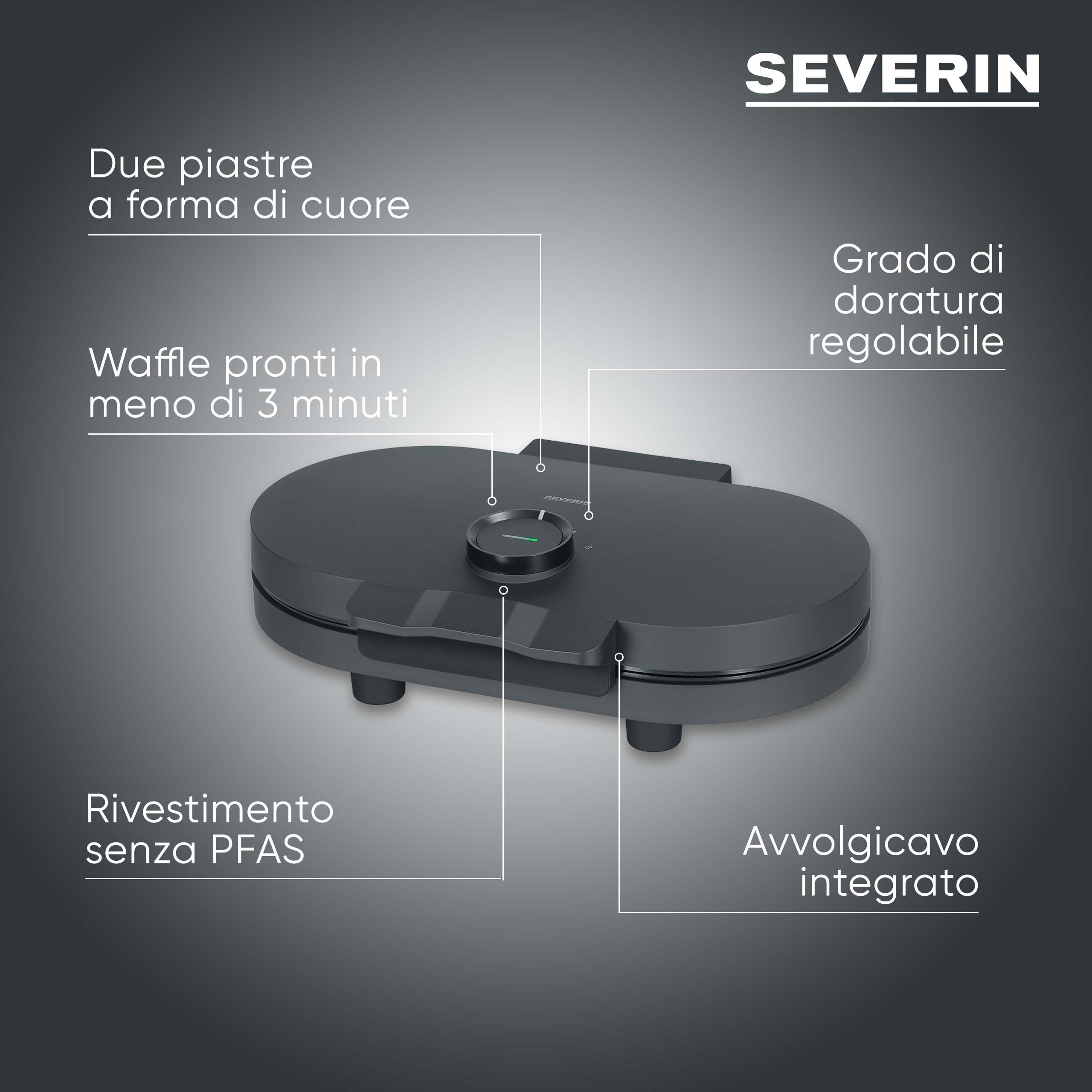 Severin WA 2119 Piastra Waffle Design 2 Cialde Nero