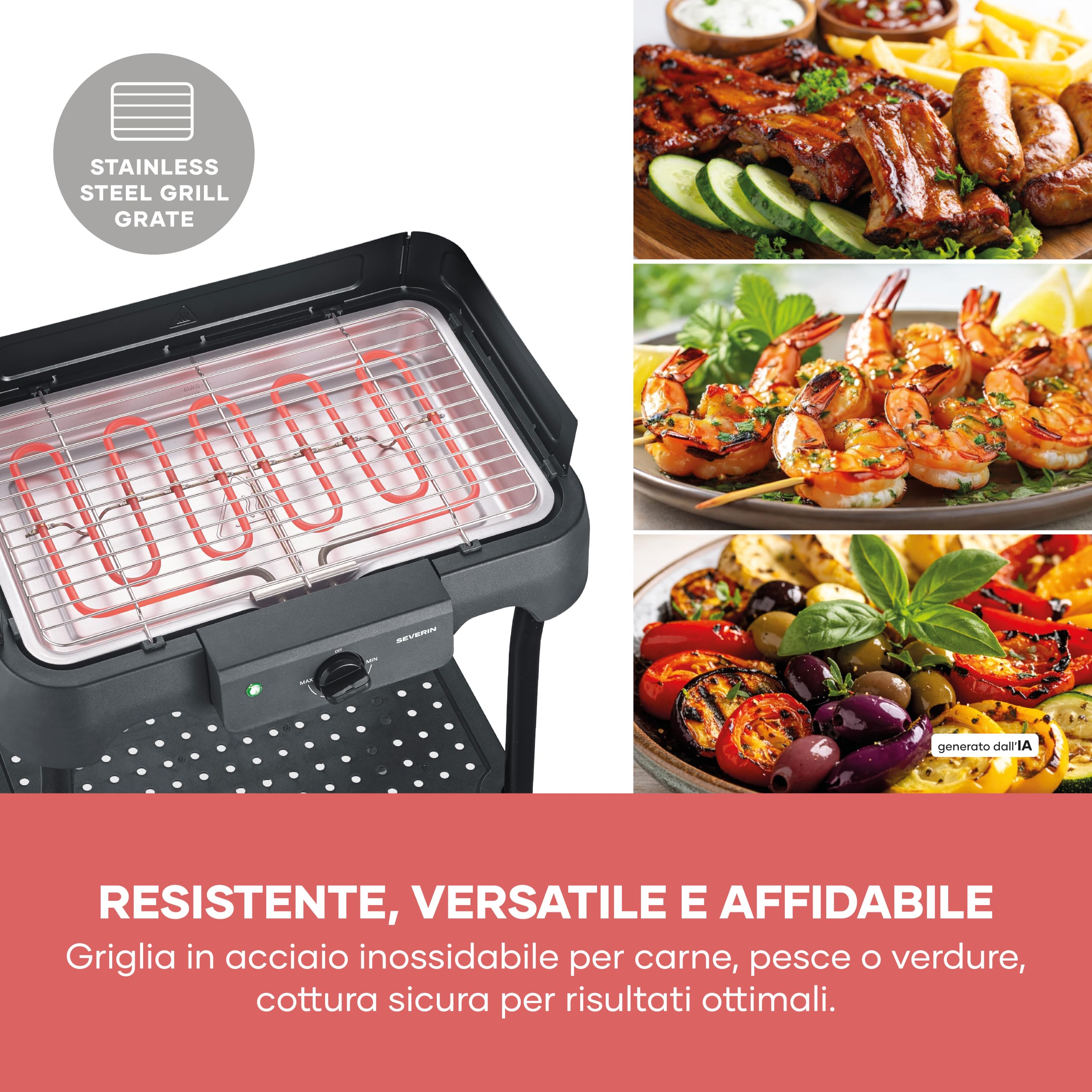Severin 8594 Barbecue Elettrico Supporto Inox 2000W 38x22cm