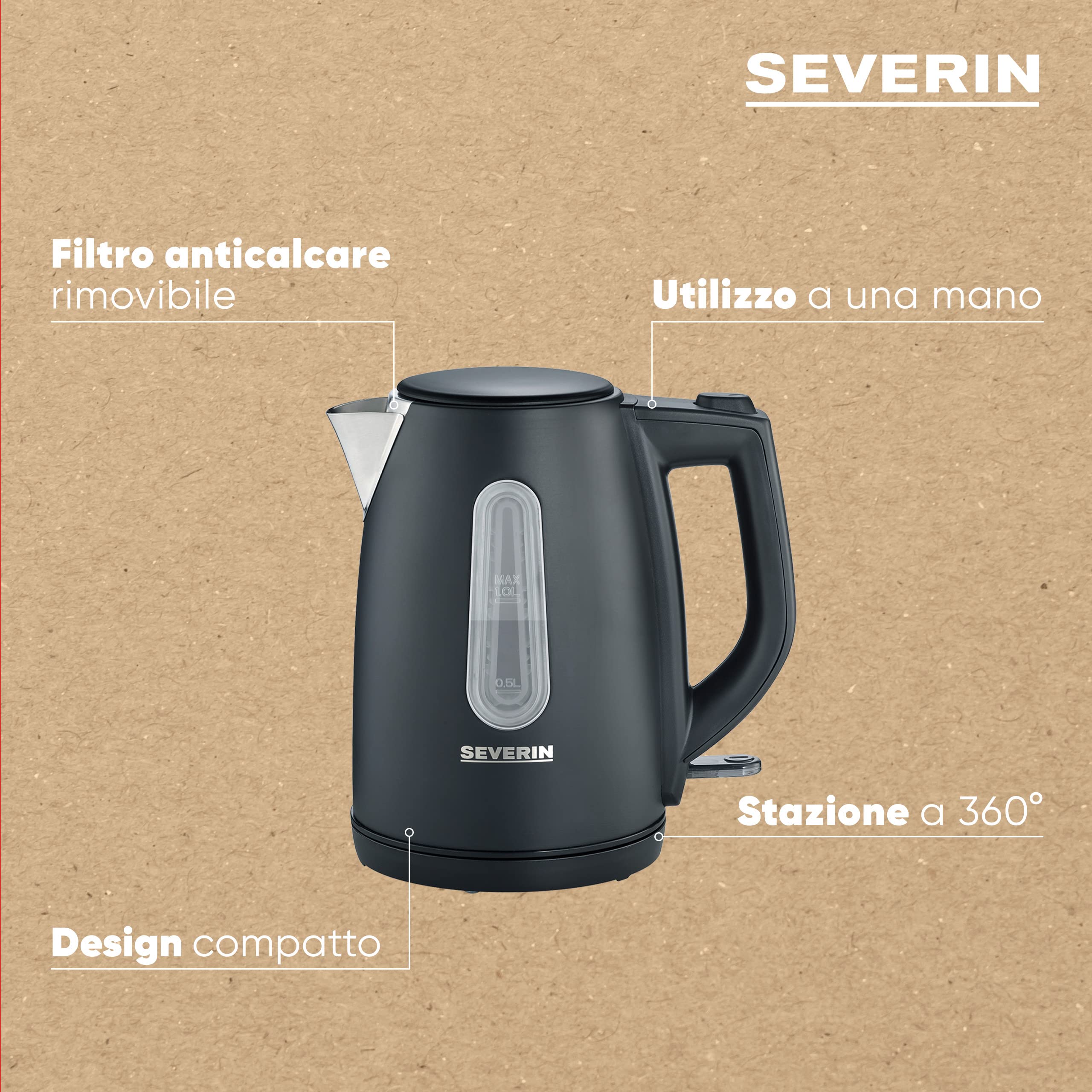 Severin WK 9553 Bollitore Elettrico 1 L Nero 2200 W