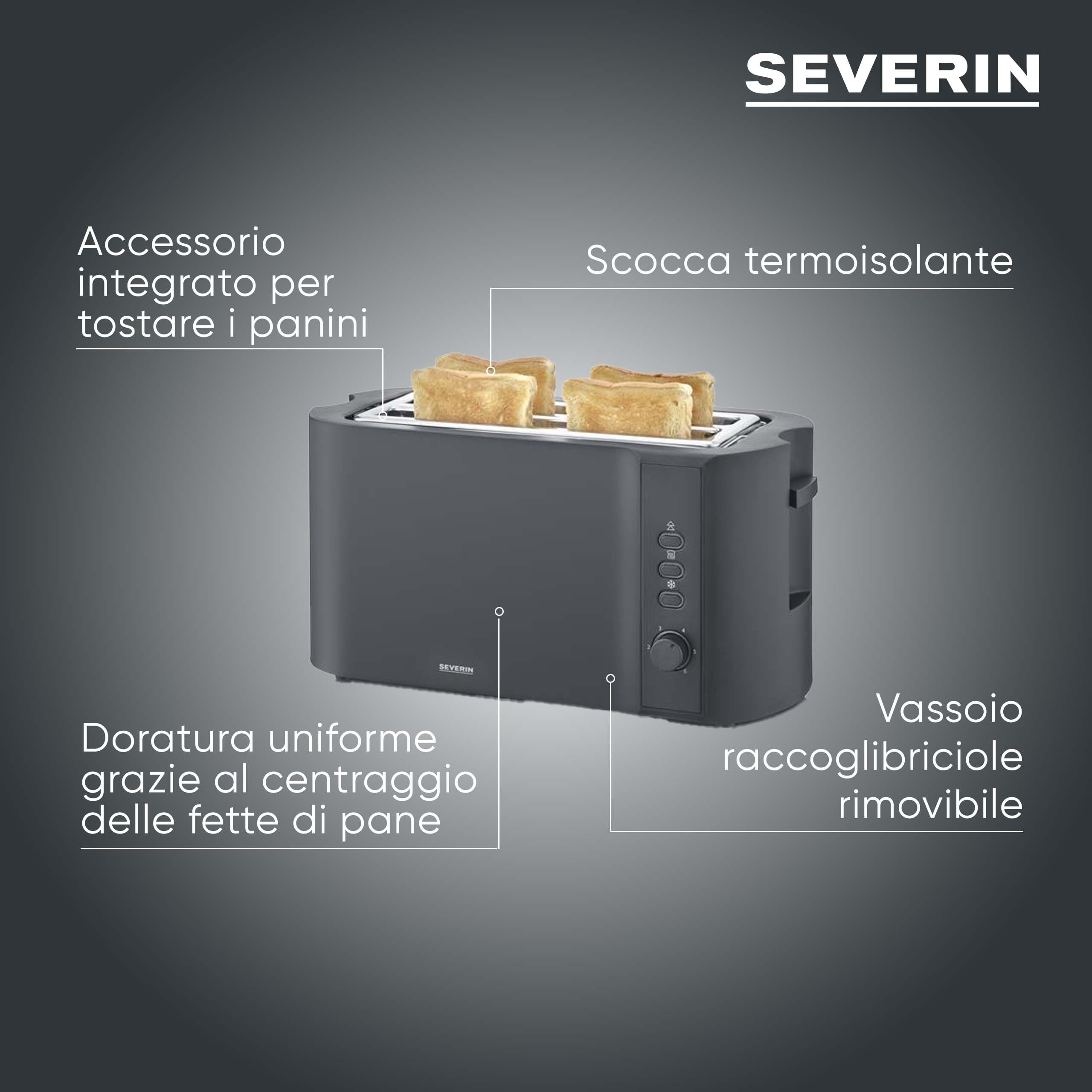 Severin AT 2591 Tostapane 4 Fette Nero Opaco Fessura Lunga