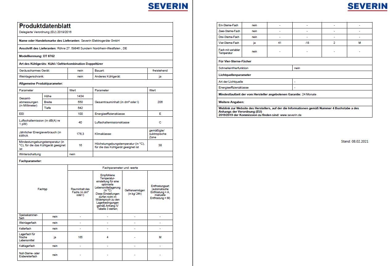 Severin DT 8762 frigorifero doppia porta nero 206 l