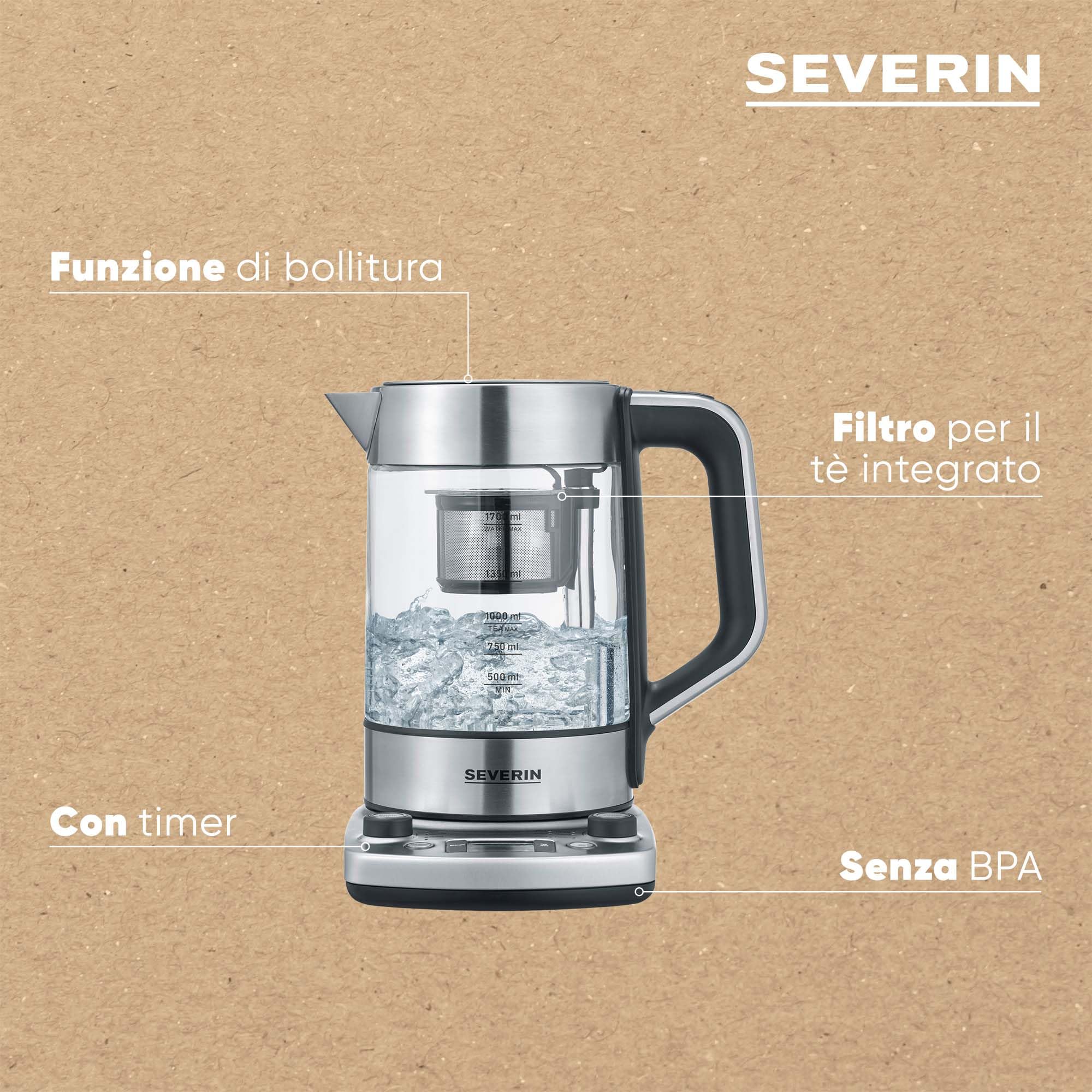 Severin WK3422 bollitore tè 1,7L inox vetro infusore